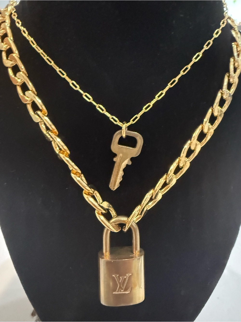 Repurposed Louis Vuitton Padlock & Key Chain Set - Gold
